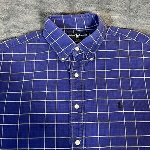 Ralph Lauren Blaire Plaid Button Down Shirt Mens Large Short Sleeve Cotton Blue